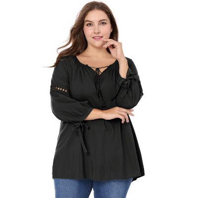 Agnes Orinda Women's Plus Size Tie Tassel V Neck Hollow Bowknot Long Sleeve Casual Blouses
