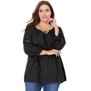 Agnes Orinda Women's Plus Size Tie Tassel V Neck Hollow Bowknot Long Sleeve Casual Blouses - 1 of 4