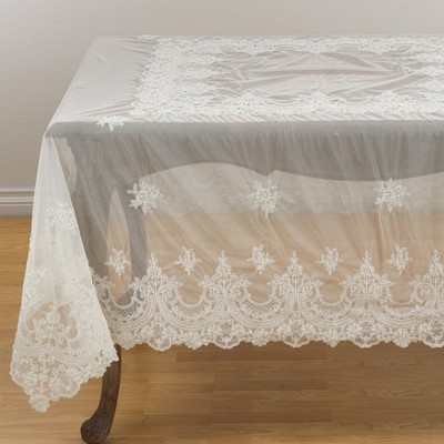 Saro Lifestyle Antique Embroidered Lace  & Beaded Floral Tablecloth, 84"x84", White, Square