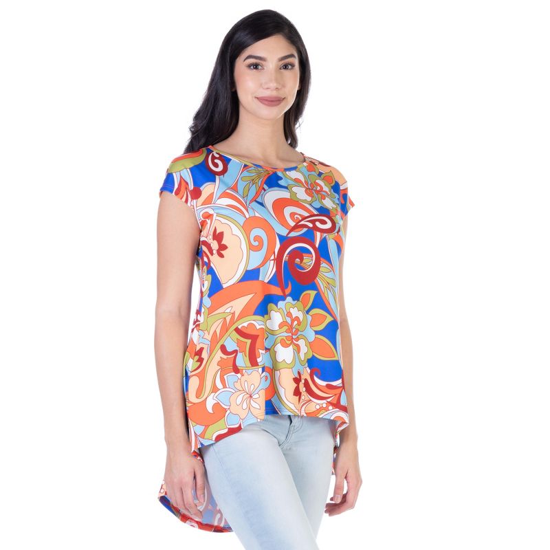 24seven Comfort Apparel Womens Multicolor Floral Short Sleeve High Low Tunic Top, 2 of 5