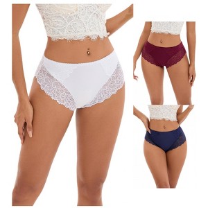 INSPIRE CHIC 3 Pcs Women's Wide Lace Trim Mid-Waisted Underwear Full Coverage Comfortable Briefs - 1 of 4