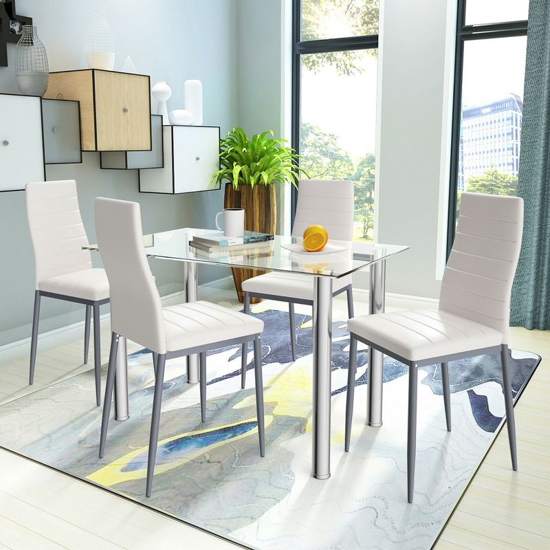 Costway 5 Piece Dining Set Table 29.6'' and 4 Chairs Glass Metal Kitchen Breakfast Furniture White, 3 of 9