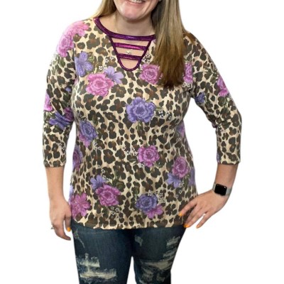 Women's Leopard Floral Spliced Tee - honeyme