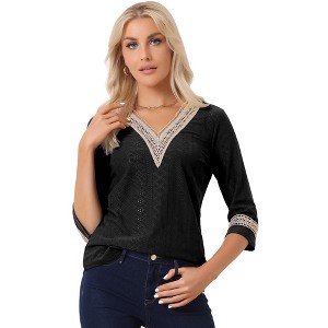 Allegra K Women's V Neck Contrast Color Lace Trim Boho Top - 1 of 4