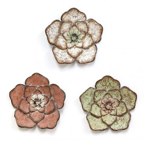 Stratton Home Decor Rustic Hand Painted 8 25 X 1 X 8 25 Inch Metal Flower Wall Art Decor Pieces With Keyholes For Easy Installation Set Of 3 Target