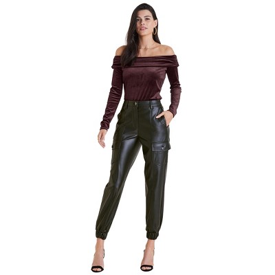 VENUS Womens Faux Leather Cargo Pants