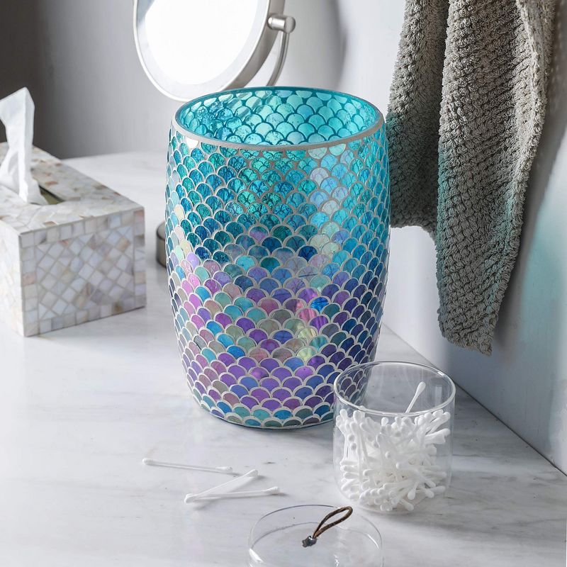 WHOLE HOUSEWARES | Bathroom Trash Can | Mosaic Glass Decoration | Bathroom Décor | Bathroom Accessory | Glass Garbage Can | 7.5" x 10" (Mermaid Blue), 2 of 5