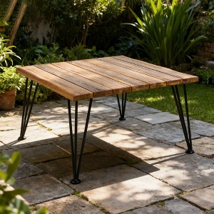 Outdoor Teak Coffee Table with Slatted Top and Metal Legs, Modern Patio Accent Table for Backyard, Deck or Porch - 1 of 4