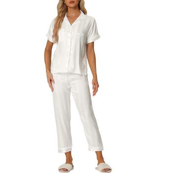 cheibear Women's Satin Button Down Short Sleeve Sleepwear with Long Pants Pajama Set