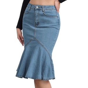 INSPIRE CHIC Women's High Waist Bodycon Ruffles Side Pockets Fishtail Midi Jean Skirt - 1 of 4
