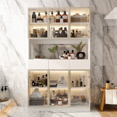 Famapy Smart Bathroom Storage Cabinet with 3-Color LED Lighting,Bathroom Curio Cabinet with Glass Doors,Ample Drawer Organizer for Vanity