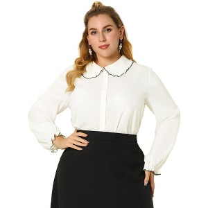 Agnes Orinda Women's Plus Size Elegant Office Peter Pan Collar Long Sleeves Button Down Shirts - 1 of 4