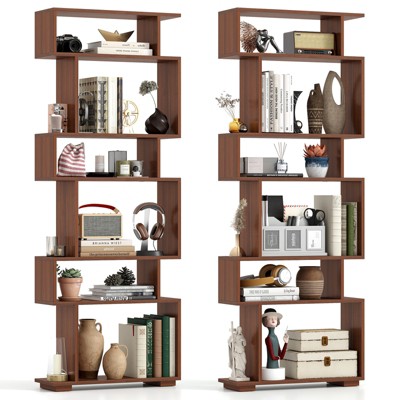 Tangkula 2PCS 6-Tier Bookshelf Geometric Bookcase w/ 2 Anti-Tipping Kits Wooden Display Shelf