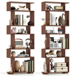 Tangkula 2PCS 6-Tier Bookshelf Geometric Bookcase w/ 2 Anti-Tipping Kits Wooden Display Shelf - 1 of 4