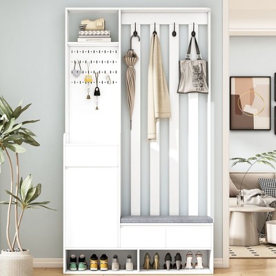 NicBex Hall Tree with Shoe Rack, Cushioned Bench and Storage Coat Rack with 4 Hooks, 3 Drawers, Pegboard for Hallway