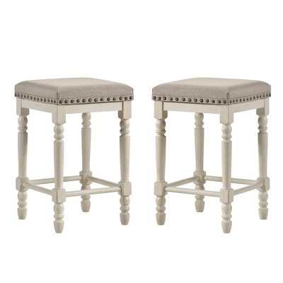 Simple Relax Set of 2 Fabric Upholstered Counter Height Stools in Antique White and Tan