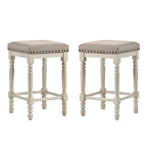 Simple Relax Set of 2 Fabric Upholstered Counter Height Stools in Antique White and Tan - 1 of 4