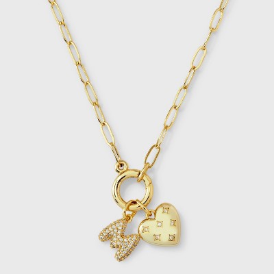 14K Gold Dipped Cubic Zirconia Puffy Heart Charm Initial Necklace - A New Day™ Gold