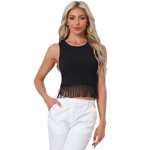 INSPIRE CHIC Women's Ribbed Knit Crew Neck Sleeveless Crop Tassel Trim Tank Tops - 1 of 4