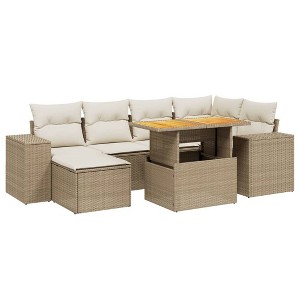 vidaXL Patio Sofa Set with Cushions Outdoor Furniture 7 Piece Poly Rattan - Beige and Cream Without Storage - 1 of 4
