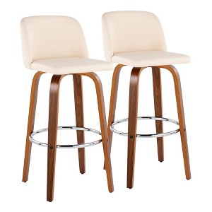 30" Mid-Century Modern Barstools Set of 2 with Swivel, Tufted Seat, and Wood Legs with Round Metal Footrest - 1 of 4