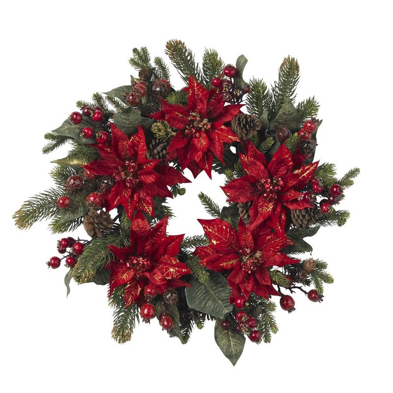 Nearly Natural 24" Poinsettia & Berry Wreath, 1 of 2
