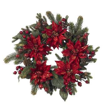 Nearly Natural 24" Poinsettia & Berry Wreath