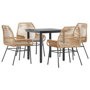 vidaXL Patio Dining Set with Cushions Garden Table and Chairs Poly Rattan Glass - Brown 31.5" x 31.5" x 29.1" 4 Items - 1 of 4