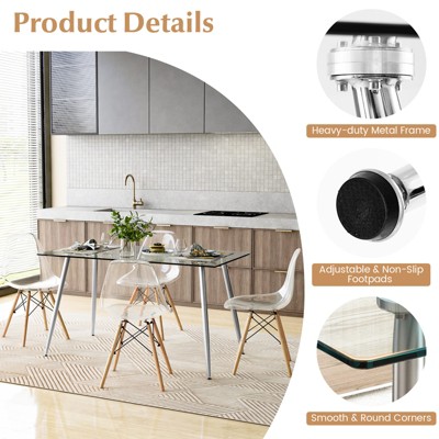 Modern Glass Dining Table Set with Clear Chairs and Metal Legs