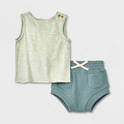 Grayson Collective Baby Sleeveless Slub Jersey Tank Top & Waffle Bloomer Set - Sage Green Newborn