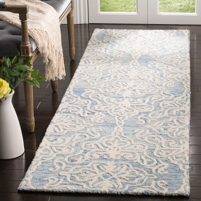 Country Casual Blue/Ivory Floral Wool Runner Rug 2'3" x 12'