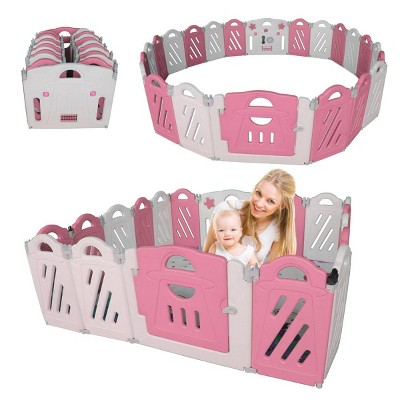 INFURNIC Playards and Portable Infant Beds 18 Panel Adjustable Baby Playpen with Safety Lock Gate, Pink White, 73"*71"*33"