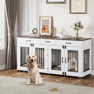 Double Dog Crate Furniture, 71 in  Indoor Wooden Dog Kennel with Removable Divider, 3 Drawers, for Medium Large Breeds, Brown+White - 1 of 4