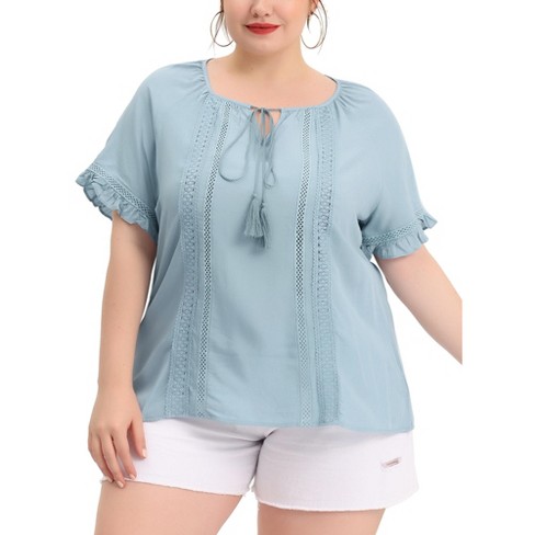 Agnes Orinda Women s Plus Size Lace Hollow Out Ruffle Boho Blouse Blue 1X