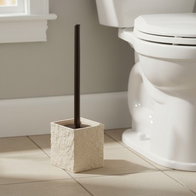 Evideco French Home Goods Modern Square Toilet Brush and Holder Set with Black Metallic Handle, Stone-Effect Design
