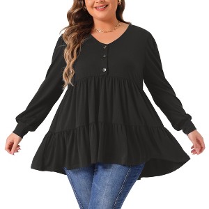 Agnes Orinda Women's Plus Size Babydoll V Neck Long Sleeve Winter Casual Button Half Placket Blouse - 1 of 4