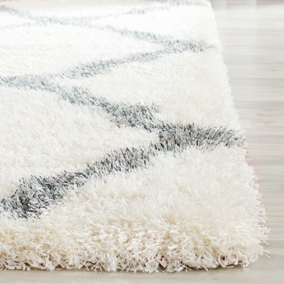 Ivory and Grey Synthetic Hand-Knotted Shag Rug