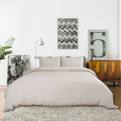 3 Pcs Washed Polyester with Pompoms Tassels Bedding Sets Queen Tan - PiccoCasa