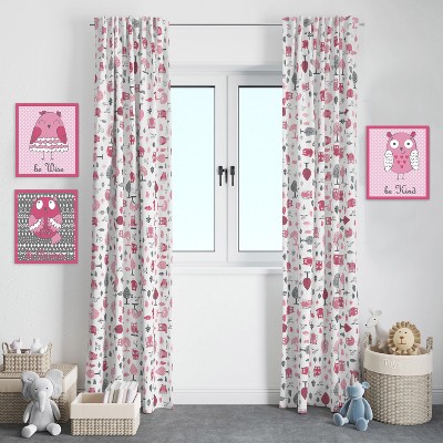 Gray and Pink Owl Print Cotton Rod Pocket Curtain Panel