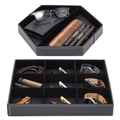 Juvale Set of 2 Faux Leather Valet Tray for Men, Customizable Catch All Trays for Keys, Wallet, Watch, Nightstand Drawer Organizer, 2 Shapes, Black