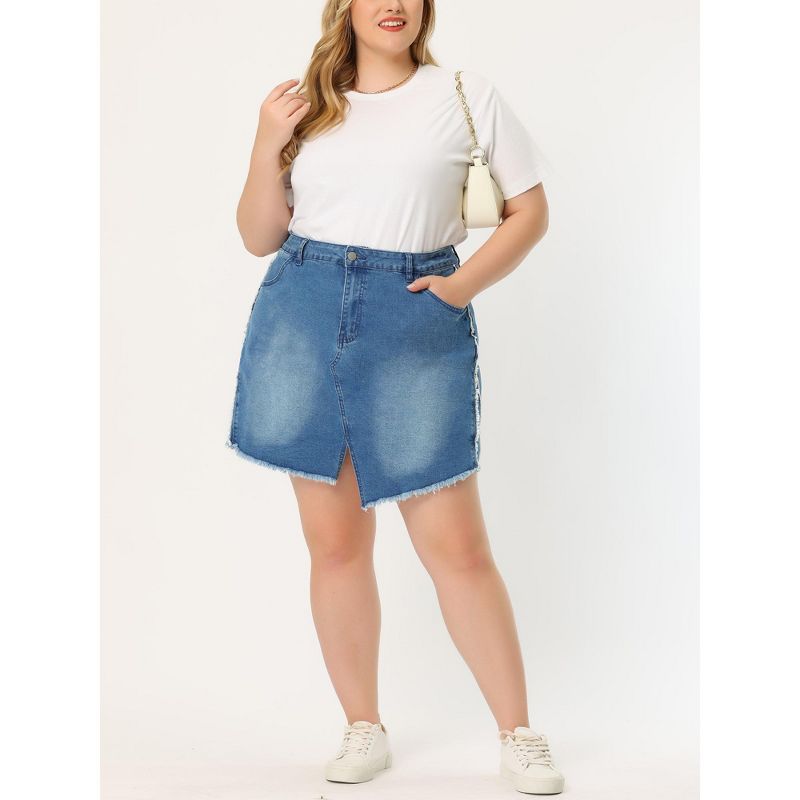 Agnes Orinda Women's Plus Size Denim Asymmetrical Slit Fashion Pockets Raw Hem Mini Skirts, 2 of 6