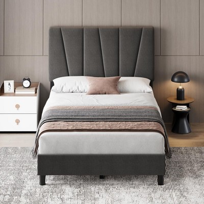 Twin Size Bed Frame with Headboard Adjustable, Linen Upholstered Twin Platform Bed with Headboard