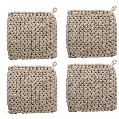 TAG Natural Crocheted Cotton Trivet Potholder – 8"x8", Heat-Resistant with Hanging Loop, Machine Washable, Protect Hands and Surfaces Set of 4