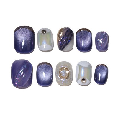 LOVELAY CREATIONS Purple Glitter Square Press-On Nails with Rhinestones