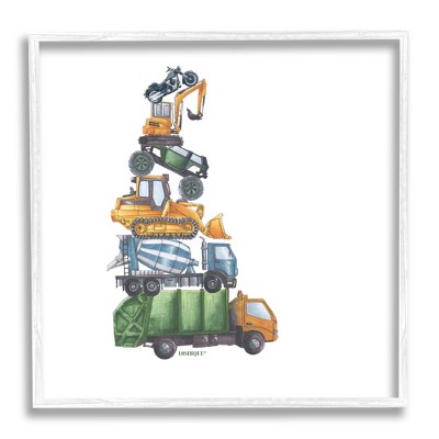 Stupell Industries Balancing Trucks Construction Vehicles Stacked Automobiles Black Framed Giclee Art