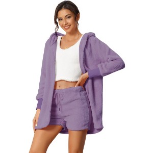 cheibear Women's Fuzzy Fleece Soft Coat Jacket and Crop Top with Shorts 3-Piece Pajamas Lounge Set - 1 of 4