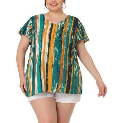 Agnes Orinda Women's Plus Size Cute Short Sleeve V Neck Casual Stripe Blouses
