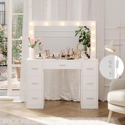 Vanity Desk with Mirror and LED Lights, White Makeup Vanity with 7 Drawers and a Power Strip