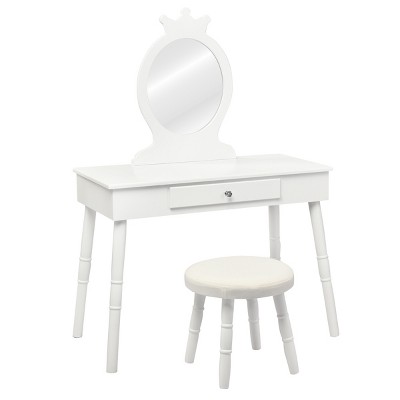 Tangkula Kids Princess Vanity Table Set w/ Chair Crown Mirror White/Pink