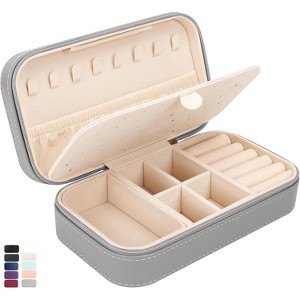 PU Leather Travel Jewelry Case Beige Color Compact Organizer for Earrings Necklaces - 1 of 4